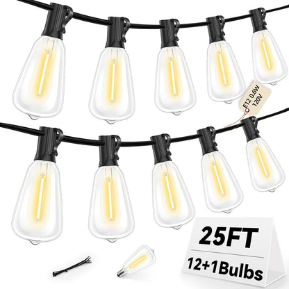 ST38 Outdoor String Lights 25FT with 12+1 LED Bulbs, E12 Socket, Waterproof Commercial Grade, 2700K Warm White for Garden, Backyard, Bistro, Patio, Porch, Deck, Gazebo, Wedding Decor