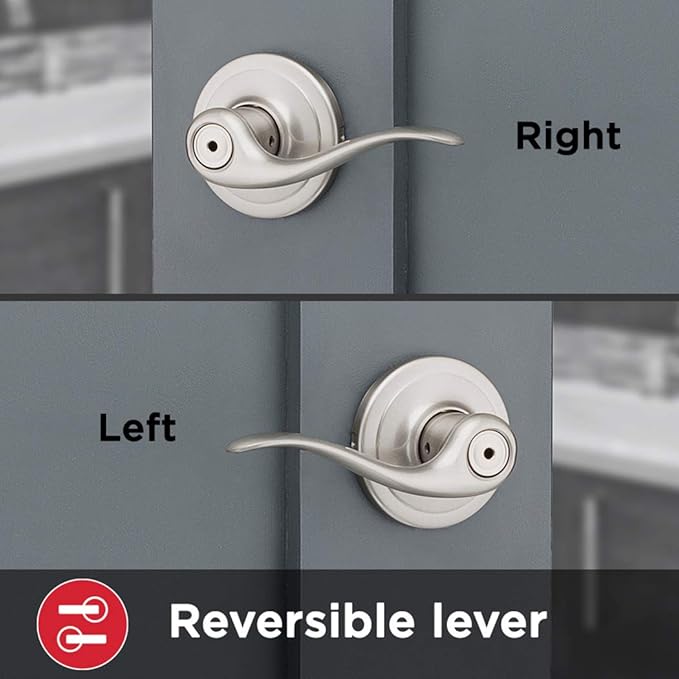 Kwikset Tustin Interior Privacy Door Handle with Lock, Door Lever For Bathroom and Bedroom, Satin Nickel Reversible Keyless Turn Lock, with Microban Protection