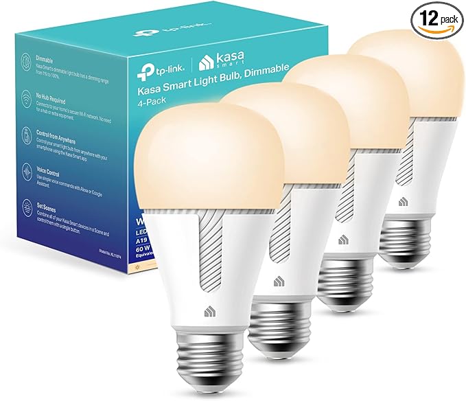 Kasa Smart Light Bulbs That Works with Alexa and Google Home,Dimmable Smart LED Bulb,A19,9W,800Lumens,Soft White(2700K),CRI≥90,WiFi 2.4Ghz only,No Hub Required,(KL110P4),(Pack of 48)
