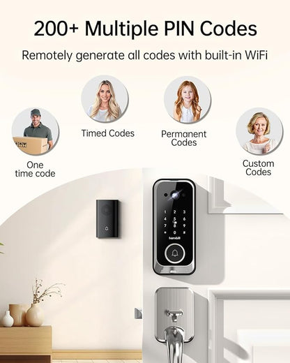 Smart Front Door Lock Sets: 2K HD Camera Lock with Doorbell Kits, Hornbill Fingerprint Keyless Entry Door Lock with Handles, WiFi Deadbolt(only 2.4G) for Remote Control, APP/Alexa/PIR,Satin Nickel
