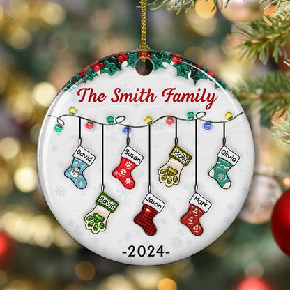 Stocking Personalized Family Christmas Ceramic Ornament 2025-3D Inflated Effect Custom Name Hanging Stock up to 10 Members, First Xmas as A Family Ornament Gifts (A04, 8 Names)