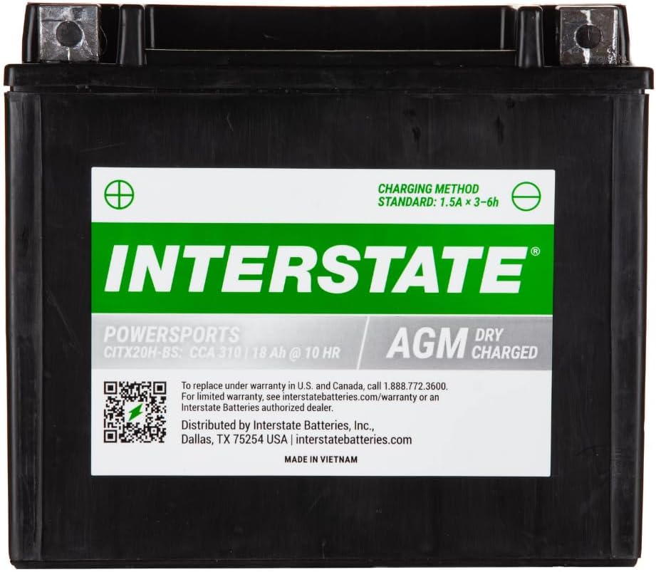 Interstate Batteries YTX20H-BS 12V 18Ah Powersports Battery 310CCA High-Performance AGM Rechargeable Replacement for Arctic Cat, Harley Motorcycles, Bikes, ATVs, Jet Skis, Snowmobiles (CITX20H-BS)