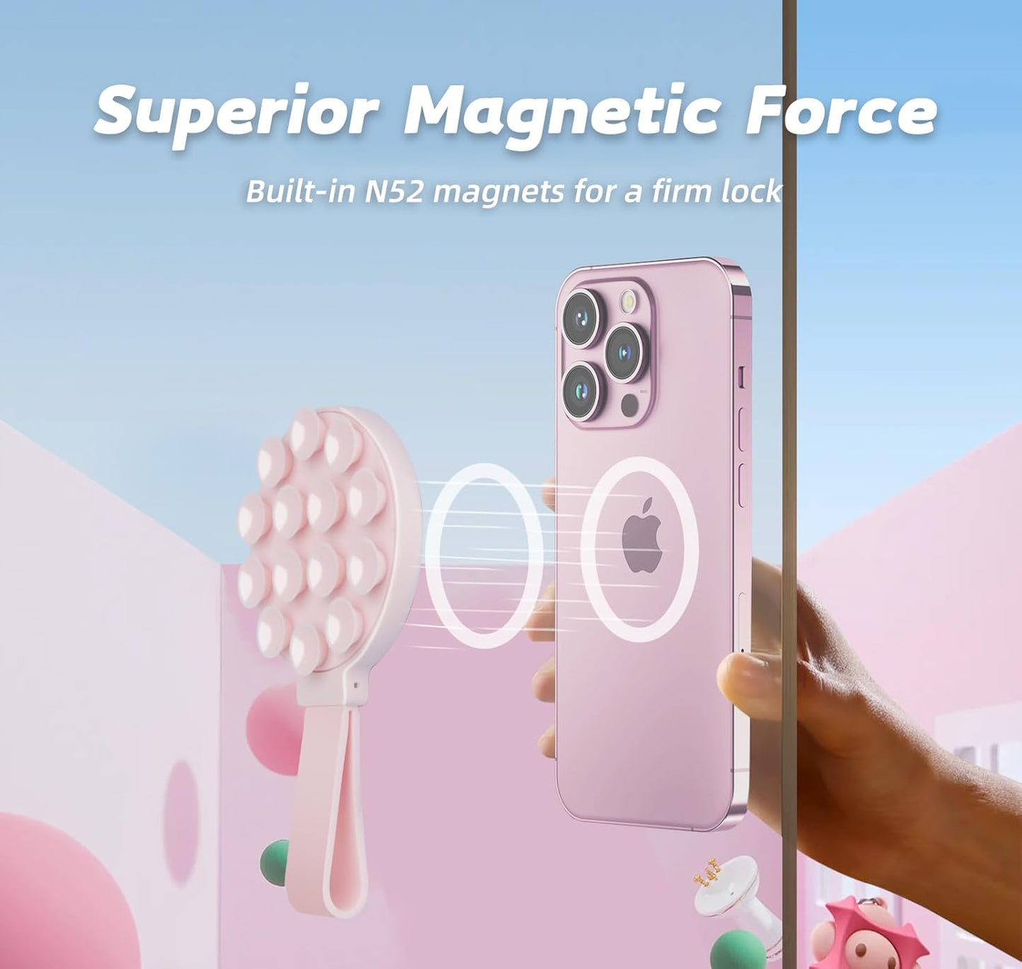 Magnetic Suction Phone Case Mount, Silicone Suction Cup Grip Stand for MagSafe Case, Hands-Free Phone Holder for iPhone 16/15/14 Pro Max, TikTok Videos, Selfies, Women Gift (Light Pink)911001A (Pink)