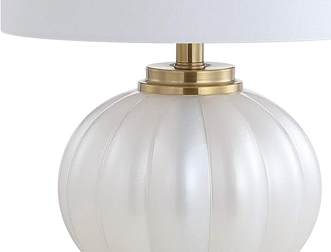 JONATHAN Y 17.5" White/Brass Gold Glass Table Lamp, Modern Crystal Bedside Lamp for Bedroom Living Room Nightstand, Glam Ribbed Accent Lamp, White Faux Silk Shade, LED Bulb (JYL2076B)