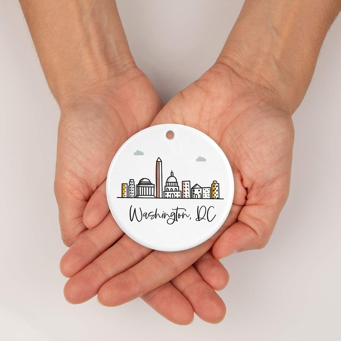 Andaz Press Round Ceramic Porcelain Christmas Tree Ornament Keepsake Gift, Washington, Dc, Colorful City Skyline Graphic, 1-Pack, Birthday Family Coworker Includes Gift Box Washington Dc Ornament 2024