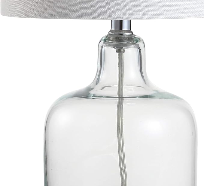 JONATHAN Y 19" Clear Glass Bell Table Lamp for Living Room Bedroom, White Linen Drum Shade, Modern Coastal Bedside Nightstand Lamp with LED Bulb, UL Listed (JYL1036C)