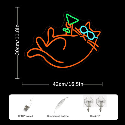 Cat Martini Neon Sign for Wall Decor Bar Neon Light Red Cat with Glasses Drink Beer LED Sign Dimmiable LED Neon Light Sign for Bar Kidsroom Business Bedroom Game Room