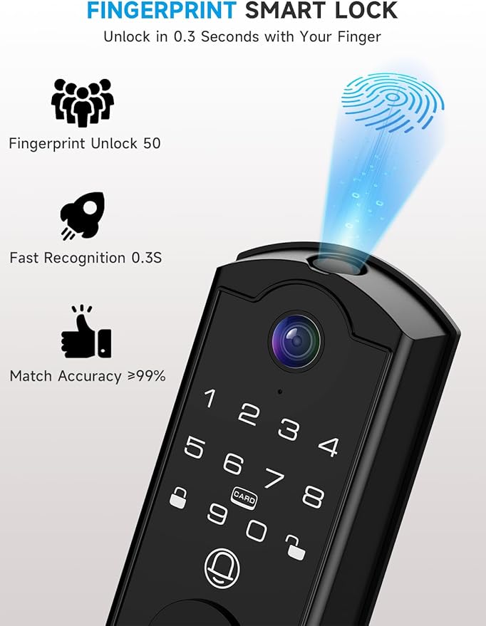 Smart Door Lock with Camera, Fingerprint Keypad Deadbolt, APP Remote Control, Video Doorbell with 2-Way Audio, Auto Lock, Keyless Entry Electronic Smairt Lock for Front Door, Black