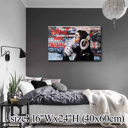 Framed Banksy Graffiti Canvas Wall Art Follow Your Dreams Monkey Poster With Headphones Prints Street Painting Picture Man Cave Wall Decor Pop Art for Living Room Ready To Hang 16"Wx 24"H (40x60cm)