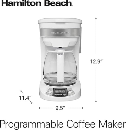 Hamilton Beach 12 Cup Programmable Drip Coffee Maker Machine, Regular & Bold Brew Options, Auto Pause and Pour, Glass Carafe, White (46294J)