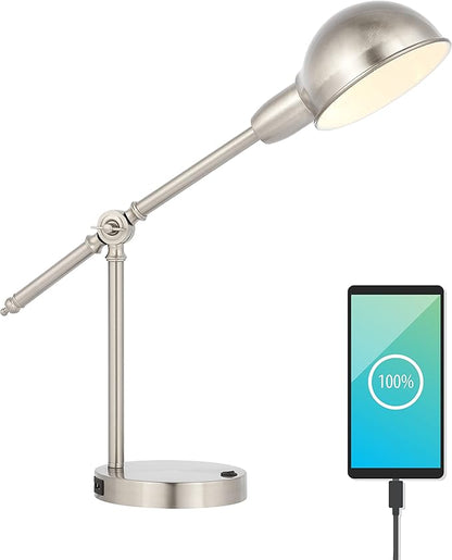 JONATHAN Y 20.25" Nickel Vintage Industrial Iron Adjustable Task Lamp with USB Charging Port for Office Desk, Metal Yellow Dome Shade, LED Bulb Included (JYL7123B)