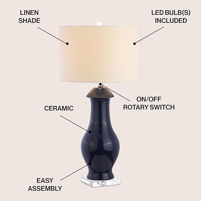 JONATHAN Y 31" Navy Blue Ceramic and Crystal Table Lamp, Contemporary Slender Vase Bedside Lamp for Living Room, White Linen Drum Shade, UL Listed, LED Bulb Included JYL8017A