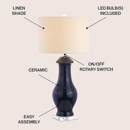 JONATHAN Y 31" Navy Blue Ceramic and Crystal Table Lamp, Contemporary Slender Vase Bedside Lamp for Living Room, White Linen Drum Shade, UL Listed, LED Bulb Included JYL8017A