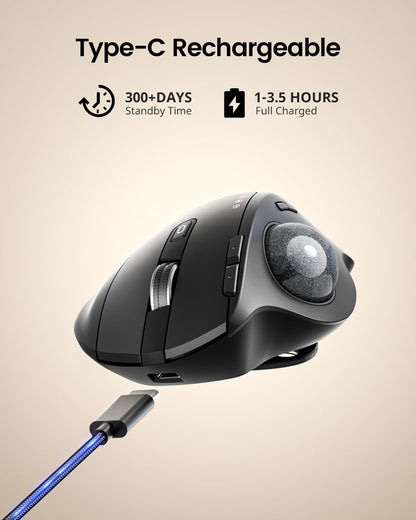 ProtoArc Wireless Trackball Mouse, EM01 NL Ergonomic Bluetooth Rollerball Thumb Rechargeable Computer Laptop Mouse, Adjustable Angle & 3 Device Connection for PC, Mac, Windows-Gray Ball