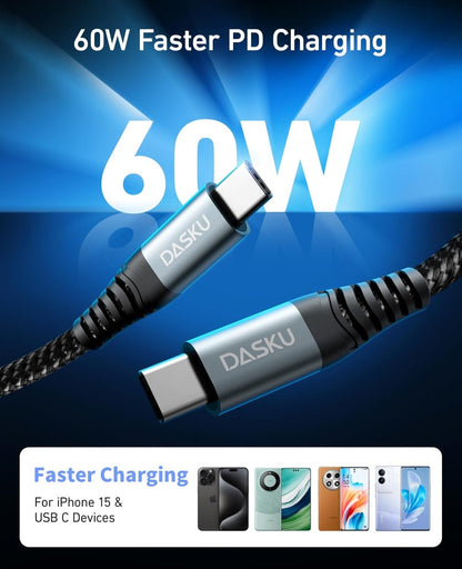 USB C to USB C Cable, 2Pack 10FT 60W(3.1A) Nylon Braided Charger Cable for for iPhone 16/16e/16 Plus/16 Pro Max/15/15 Plus/15 Pro Max, iPad Pro Air,Samsung S24/S24 Ultra/S23 USBC Charger