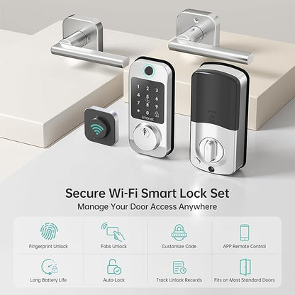 SMONET Fingerprint Smart Locks for Front Door with Handle Set, Keyless Entry, Bluetooth Digital Keypad Deadbolt, App Remote Control, Auto Lock, for Home Silver