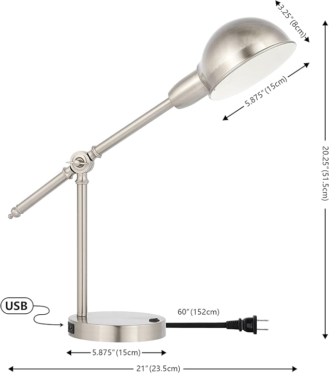 JONATHAN Y 20.25" Nickel Vintage Industrial Iron Adjustable Task Lamp with USB Charging Port for Office Desk, Metal Yellow Dome Shade, LED Bulb Included (JYL7123B)