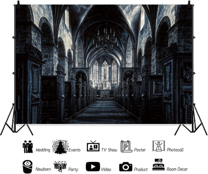 ChloropLastid 10x8ft Scary Church Halloween Backdrop Dark Black Horror Gothic Medieval Castle Interior Photography Background Halloween Night Carnival Theme Party Decor Banner Photo Studio Props