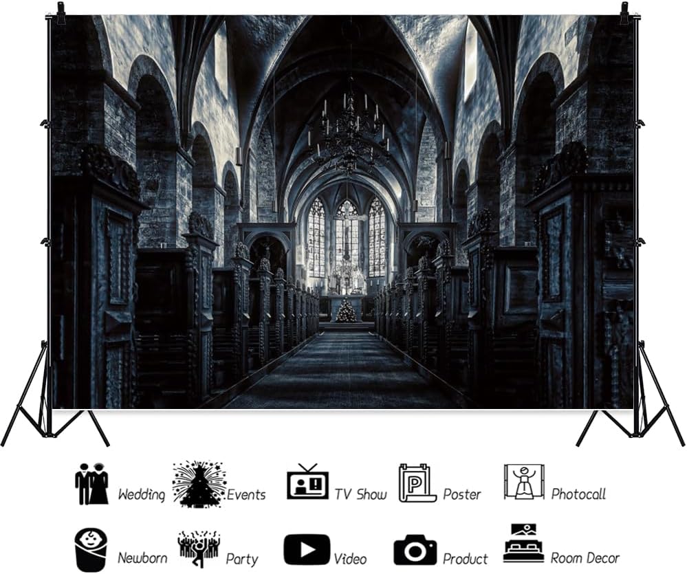 ChloropLastid 15x8ft Scary Church Halloween Backdrop Dark Black Horror Gothic Medieval Castle Interior Photography Background Halloween Night Carnival Theme Party Decor Banner Photo Studio Props
