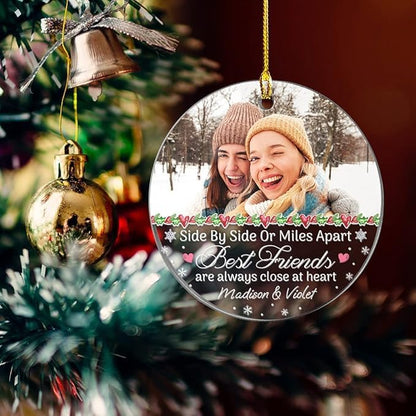 Personalized Best Friend Ornament Custom Friendship Christmas Ornament Friends Always Close at Heart Acrylic Ornaments with Photo Picture Xmas Tree Gifts for Besties BFF Soul Sister