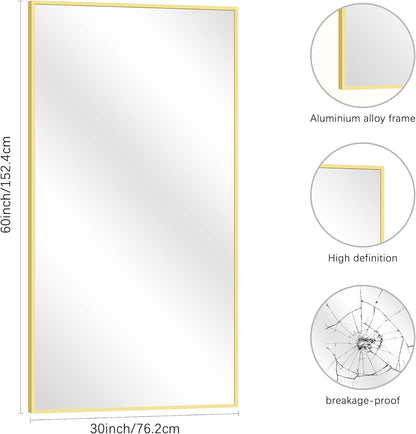 Gold Bathroom Mirror for Wall, 60x30 Inch Rectangle Mirrors with Metal Frame, Modern Vanity Wall Mirror Decor for Bathroom Living Room, Entryway Hangs Horizontal or Vertical