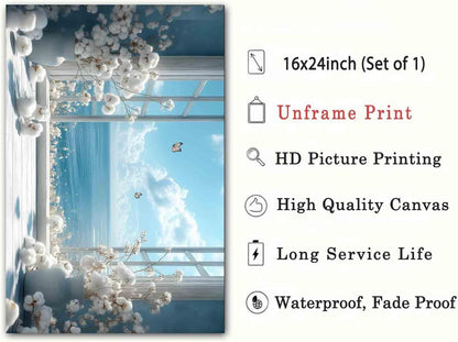Open Window Canvas Wall Art Cotton Bouquet Wall Art White Flower Painting Blue Sea Picture Coastal Flower Painting Still Life Pictures Relaxing Living Room Decor 16x24inch No Frame