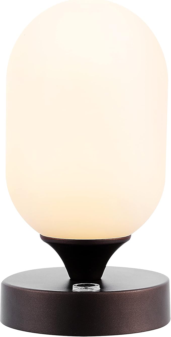 JONATHAN Y 8" Oil Rubbed Bronze Modern Rechargeable Integrated LED Table Lamp, Portable Cordless Accent Light with White Frosted Glass Shade, Dimmable Touch Sensor JYL7111A