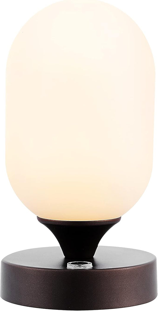 JONATHAN Y 8" Oil Rubbed Bronze Modern Rechargeable Integrated LED Table Lamp, Portable Cordless Accent Light with White Frosted Glass Shade, Dimmable Touch Sensor JYL7111A