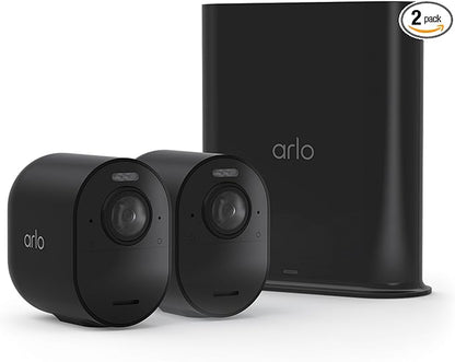 Arlo Ultra Outdoor Security Camera 4K HDR (3rd Gen, 2025 Release) + SmartHub, Battery Power, Emergency Response, AI Event Captions, 1-Month Trial of Secure Plan, 180° Field of View, 2 Cam, Black