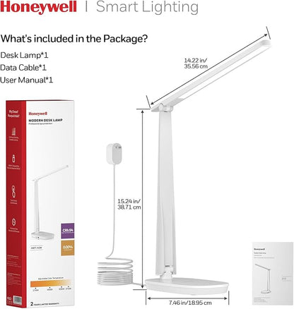 Honeywell LED Desk Lamp for Home Office, Eye-Caring Light with 4 Color Modes & Touch Control, USB A+C Charging Ports, Adjustable Rotating Head with Timer for Reading, Bedroom & Small Desks