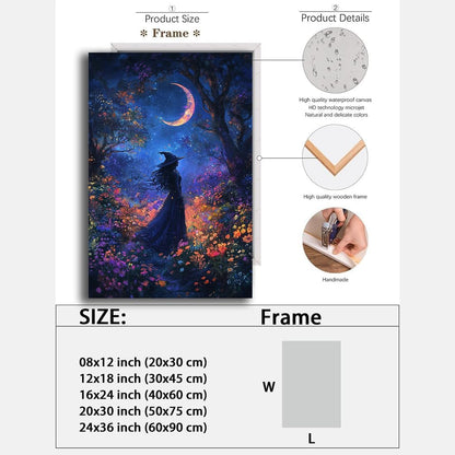 Vintage Halloween Witch Decor Mystic Gothic Wall Art Poster,Enchanting Witch Fall Whimsical Wildflowers Woodland Forest Crescent Moon Picture Art,Creepy Witchy Home Decor,16"x24" Framed