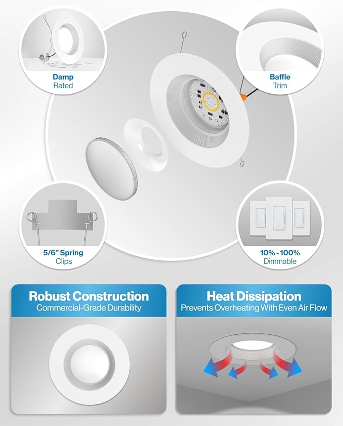 Sunco 96 Pack 6 Inch LED Recessed Light, Retrofit Downlight Can Lights for Ceiling, Baffle Trim, 1050 LM, 13W (75W Equivalent), 5000K Daylight, Dimmable, Damp Rated UL.
