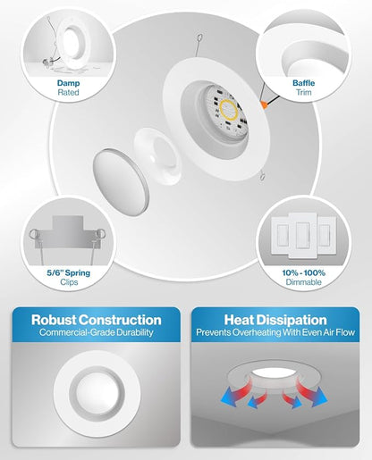 Sunco 6 Inch LED Recessed Light, Retrofit Downlight Can Lights for Ceiling, Baffle Trim, 1050 LM, 13W (75W Equivalent), 5000K Daylight, Dimmable, Damp Rated UL 4 Pack