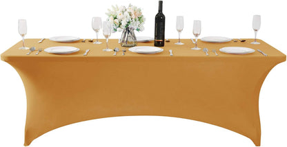 SuperO Waterproof Spandex Table Cover for 8FT Table Universal Fitted Stretch Tablecloth for Party, Banquet, Wedding and Events-Gold