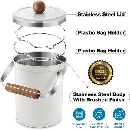 Kitchen Countertop Compost Bin 101ounces / 3Liters, Airtight Lid SUS304 Stainless Steel Odor-Free Food Waste Bin with Wooden Handle Stylish Design/Bathroom Trash Can (White)