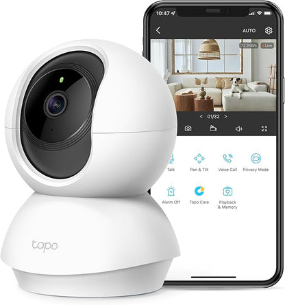 Tapo 2K Indoor Pan/Tilt Wired Security Camera - Works as a Baby Monitor & Pet Camera, Motion Detection, 2-Way Audio, Siren, Night Vision, Subscription-Free Local Storage or Optional Cloud, C210