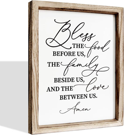 Christian Wooden Wall Sign, Dining Room Decors, Farmhouse Decor for Kitchen, Rustic Home Decor, Framed Wall Plaque Sign 15 * 11.5 inches, Bless the Food Before Us