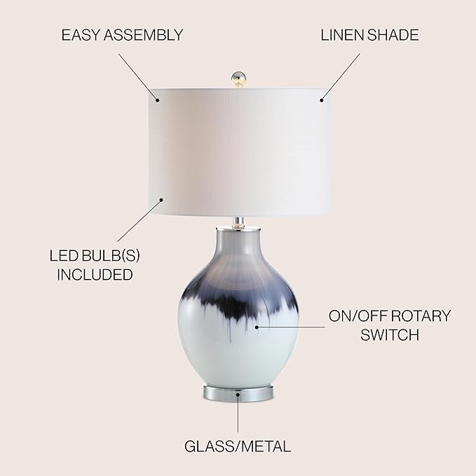 JONATHAN Y 27" Blue/White Drip Glass and Metal Table Lamp, Modern Transitional Bedside Lamp for Living Room Bedroom, White Linen Drum Shade, LED Bulb Included JYL1065A