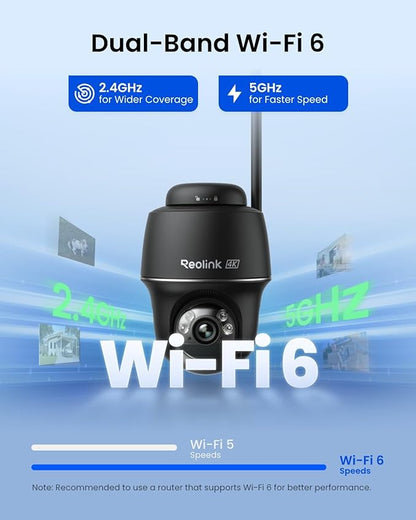 REOLINK 4K Solar Security Cameras Wireless Outdoor, 360° Pan Tilt, 8MP Color Night Vision, 2.4/5 GHz Wi-Fi 6, No Monthly Fee, Home Hub Compatible, Argus PT 4K+ 3W Solar Panel (Black)