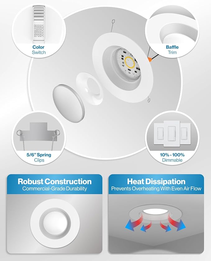 Sunco 96 Pack 6 Inch LED Recessed Light, Retrofit Downlight Can Lights for Ceiling, Baffle Trim, 1050 LM, 13W (75W Equivalent), Selectable CCT 2700K/3000K/3500K/4000K/5000K, Dimmable, Damp Rated UL