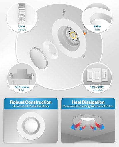 Sunco 96 Pack 6 Inch LED Recessed Light, Retrofit Downlight Can Lights for Ceiling, Baffle Trim, 1050 LM, 13W (75W Equivalent), Selectable CCT 2700K/3000K/3500K/4000K/5000K, Dimmable, Damp Rated UL