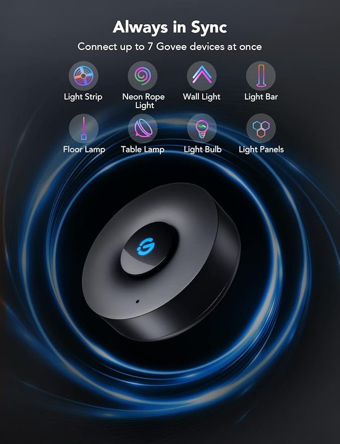 Govee Music Sync Box, Bluetooth Group Control 7 Devices, 22 Dynamic Music Modes, Battery Powered, USB Charged, Supports All Govee Smart Color Light Products