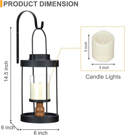 Metal Wall Sconce Candle Lantern Set of 2 - Black Wall Mounted Wood and Metal Hanging Holder with Glass & Candles Vintage Wall Decor for Porch, Living Room, Dining Room, Bedroom Indoor Decor