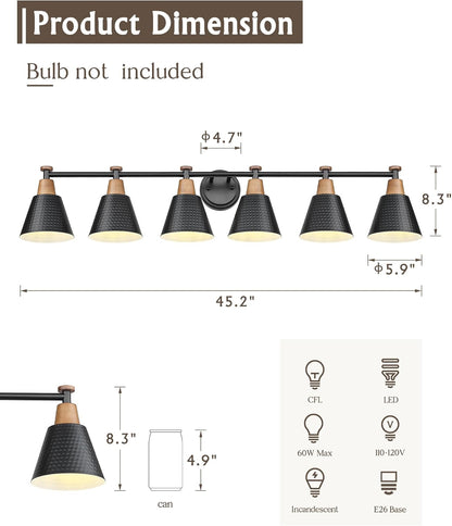 FEMILA Black 6 Light Bathroom Vanity Light, Vintage Bathroom Light Fixtures Over Mirror, E26 Base, 4FG59B-6W BK