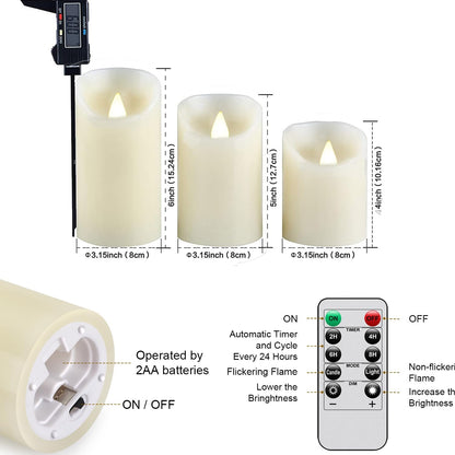 Flameless Battery Operated LED Candles with10key Button Remote Control 24-Hour Timer Set of 3 Electric Flickering Pillar Real Wax，Wedding, Party, Christmas and Home Decoration