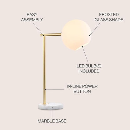 JONATHAN Y 20.5" Gold/White Modern Metal Marble LED Bedside Table Lamp for Bedroom, Frosted Glass Globe Shade, Minimalist Scandinavian Lamp for Living Room JYL1000A