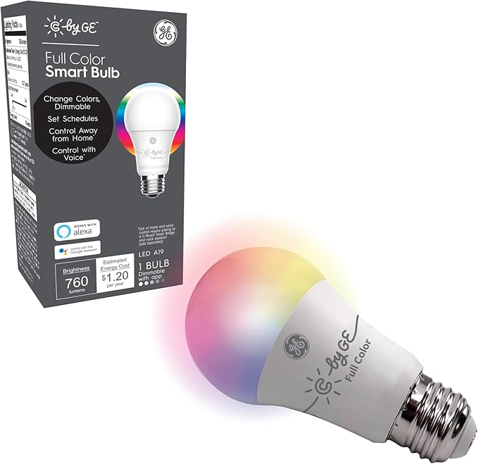 GE CYNC Smart LED Light Bulb, Full Color, Bluetooth Enabled, Alexa and Google Home Compatible,White, (1 Pack), Packaging May Vary