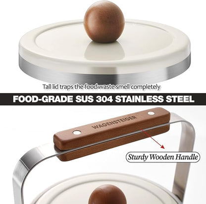 Kitchen Countertop Compost Bin 101ounces / 3Liters, Airtight Lid SUS304 Stainless Steel Odor-Free Food Waste Bin with Wooden Handle Stylish Design Bathroom Trash Can (Off-White)