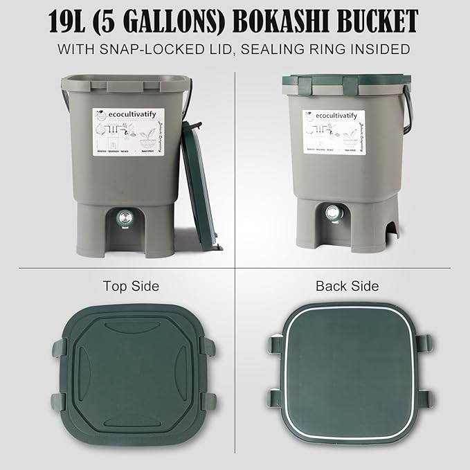 18.8L Bokashi Bucket with Snap-Locked Lid, 5 Gallon Compost Bin, Kitchen Composter with Bran, Kitchen Compost Pail, ecocultivatify Bokashi Kit Set with Starter (Grey & Dark Green)