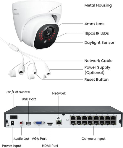 REOLINK 4K PoE Security Camera System Wired, 8pcs 8MP PoE Cameras, Smart Person/Vehicle Detection, 16CH NVR with 4TB HDD, H.265, 24/7 Recording, High Bitrate & Clear Stream, RLK16-800D8